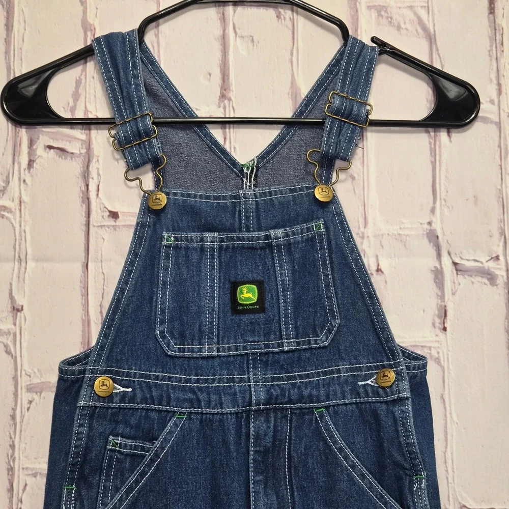 John Deere Overalls Blue Denim Logo Patch Workwear Farm Kids Size 5 Adjustable